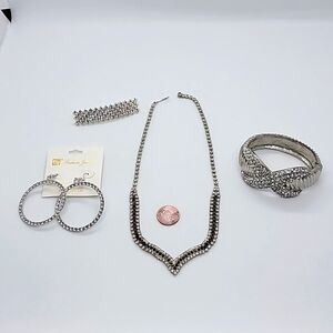 Formal Special Occasion Silvertone Rhinestone jewelry lot. 4 piece set